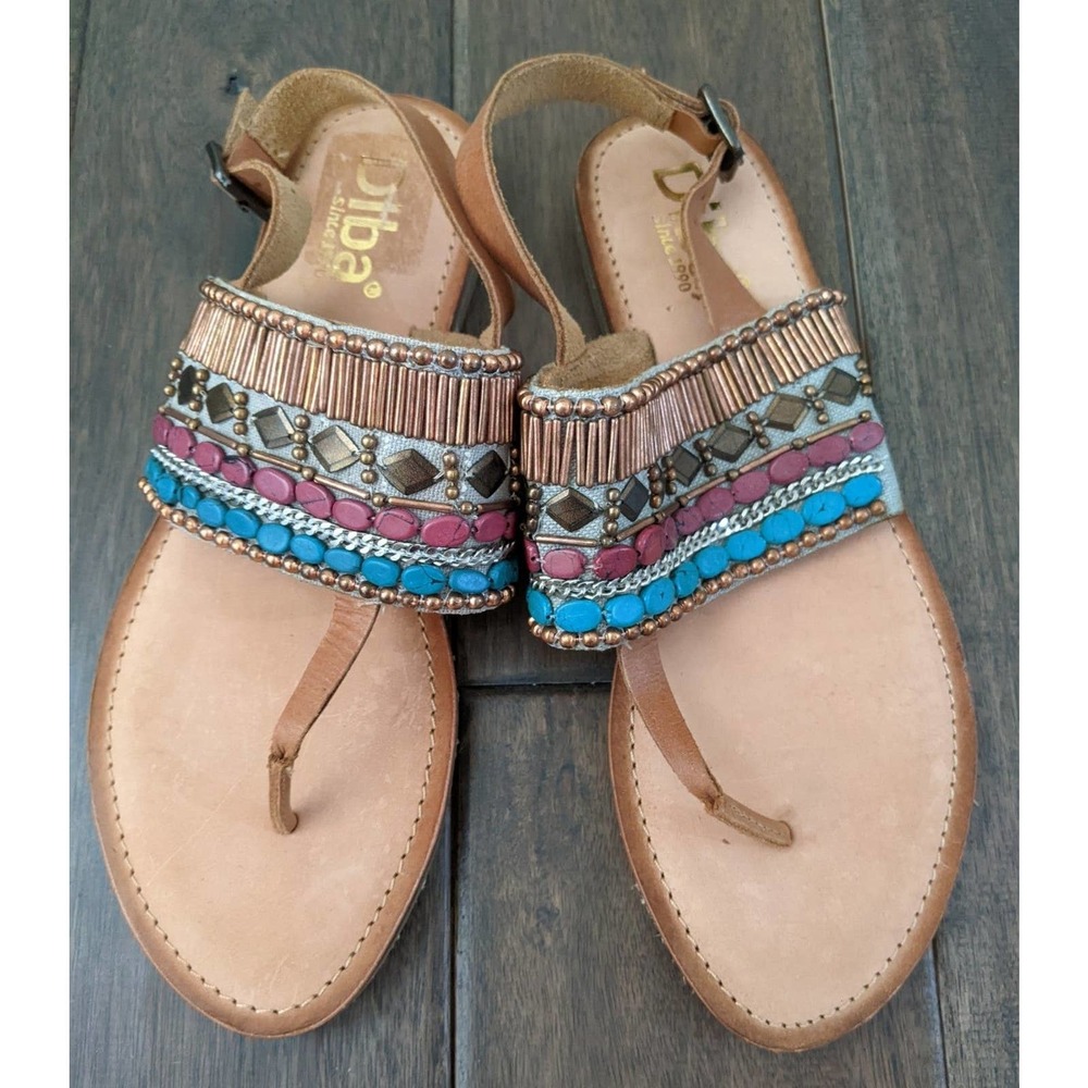 New Diba Tango tan leather beaded sandals buckle size 9